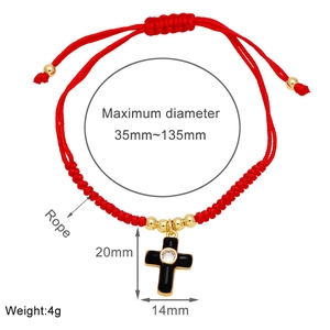 Detail shot of red cord bracelet with dimensions of 35-135mm and cross pendant size