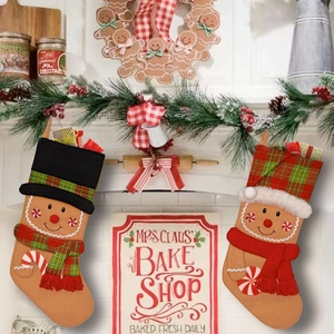 Large Christmas Stocking Gingerbread Man Hanging Gift Bag Felt Polyester Fabric Holiday Fireplace Ornament Festive Decor