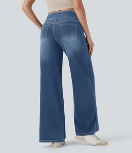 Detailansicht der Gesäßtaschennaht und Denim-Textur der High Waist Wide Leg Jeans