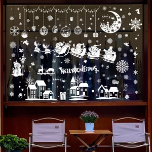 White Christmas window decals with Santa Claus, snowmen and Merry Christmas text decor
