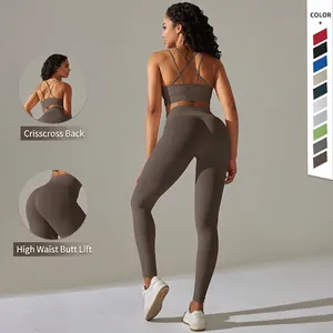 Completo da Yoga Senza Cuciture da Donna 2 Pezzi Leggings a Vita Alta e Reggiseno Sportivo con Incrocio sulla Schiena Abbigliamento Sportivo Top e Pantaloni