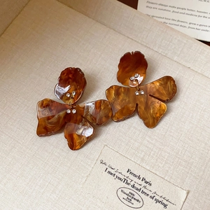 Gros plan détaillé de boucles d'oreilles fleurs en résine ambre avec strass en boîte
