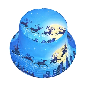 Blue Christmas bucket hat featuring reindeer and Santa sleigh patterns in winter theme