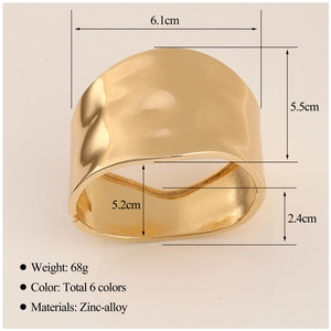 Polished gold irregular cuff bracelet in zinc alloy with detailed size and weight specs