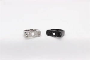 Detail showing GOD letter rings in silver and black metal finish for men