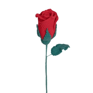 Handcrafted red crochet rose flower with green leaves for Valentine gift ideas