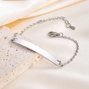 Adjustable silver stainless steel bar bracelet for women with minimalist nameplate