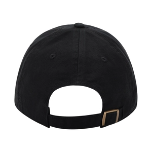Rear view of black solid cotton baseball cap for large heads with adjustable bronze buckle