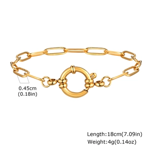 Detail view of golden stainless steel link chain bracelet with size measurements
