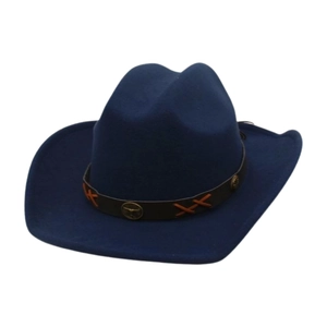 Classic dark blue felt jazz hat with a brown studded leather band for men and women