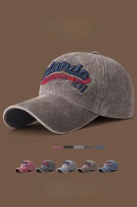 Macro detail of vintage washed baseball cap with Orlando Original 01 3D embroidery