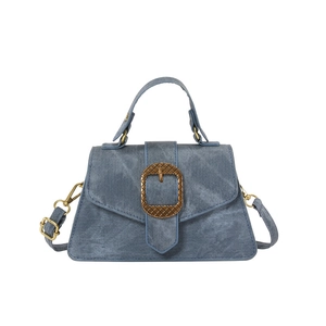 Classic blue denim tote bag for women with bronze buckle and adjustable strap