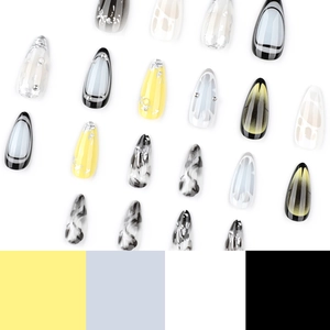 Y2K almond press-on nails set with yellow, black marble, and silver glitter designs
