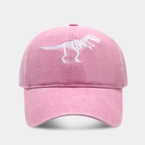 Close-up of dinosaur skeleton embroidery on a vintage washed pink cotton baseball cap