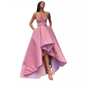 Pink satin high-low strapless evening gown with a sweetheart neckline and sleek finish