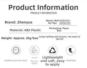 Specifications chart for almond-shaped press-on nails made of 30 pieces of ABS plastic