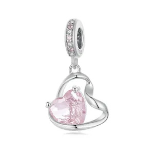 925 Sterling Silver Pink Heart Charm Zirconia Glass Ribbon Pendant For DIY Bracelet Necklace Thanksgiving Jewelry Gift For Women