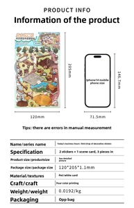 Detailed size specifications for 3D scenery stickers set featuring PET and cardstock