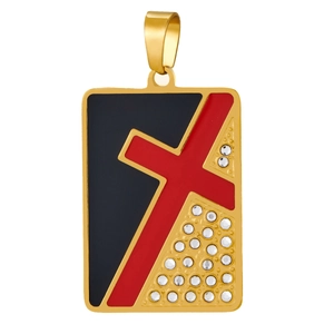 Detailed macro view of a gold-plated rectangular pendant featuring a red cross and crystals