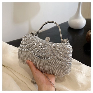 Detail of silver evening bag with sparkling rhinestones, fringe tassels and metal chain