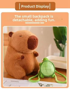 Nahaufnahme von Capybara Plüschtier mit abnehmbarem grünem Schildkrötenrucksack