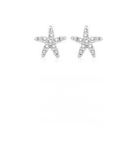 Macro view of S925 sterling silver starfish earrings with inlaid white pearls