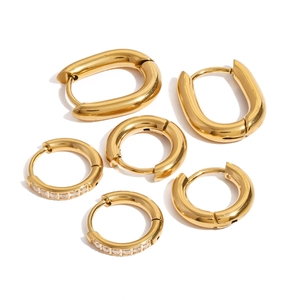 Three-pair gold stainless steel hoop earring set with polished and crystal-encrusted finishes