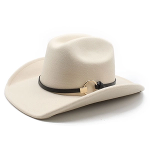 Detail of beige felt cowboy hat featuring black leather strap and golden metal ring