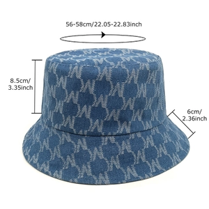 Denim bucket hat with white W-letter pattern and adjustable size dimensions