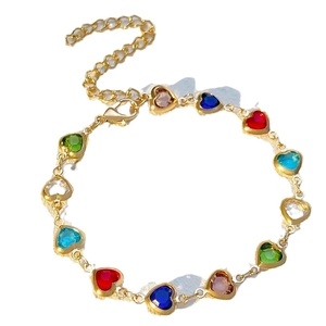 Colorful heart gemstone bracelet with gold plated chain and adjustable lobster clasp closure