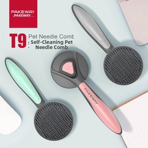 Detail of PAKEWAY T9 pet needle comb with ergonomic handle and self-cleaning button