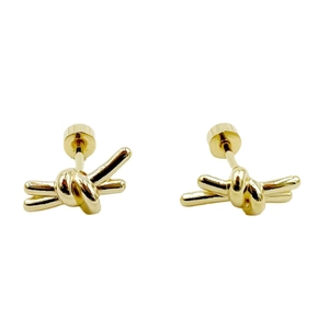 Polished 14K gold plated stainless steel knot stud earrings in a minimalist design