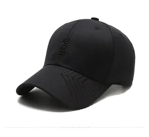Detail of black baseball cap featuring 3D SPORT embroidery and V-shaped stitching on brim