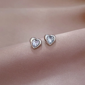 Detailed close-up of silver titanium steel heart stud earrings with sparkling clear zircon