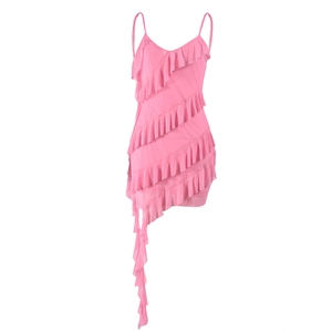 Detailed view of pink ruffled strap dress with layered chiffon and asymmetric hemline
