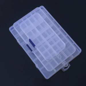 Set of 3 clear plastic organizers with blue buckles and adjustable compartments