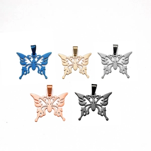 Detailed close-up of butterfly pendants in five metallic finishes with hollow design