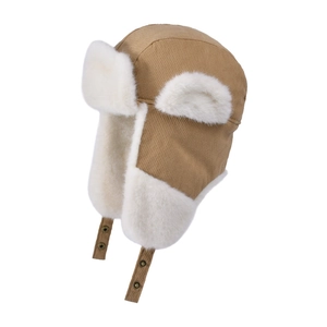 Winter windproof khaki trapper hat with white faux fur lining and ear flaps for warmth