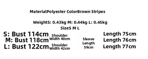 Detailed size chart for women's oversized brown striped blazer with precise measurements