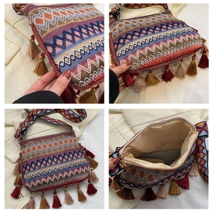 Detailed views of ethnic woven crossbody bag with geometric patterns and fringe tassels