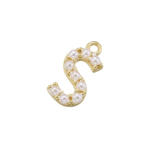 Detail view of 18K gold plated letter S pendant with pearls on a white background