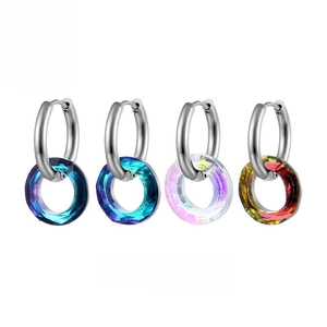 Set of four stainless steel crystal hoop earrings in blue, white, and gradient colors