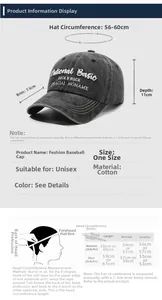 Size chart for adjustable vintage cotton baseball cap with 7.5cm brim and 56-60cm circumference