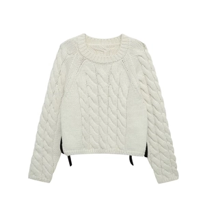 Women Cropped Cable Knit Sweater Round Neck Long Sleeve Casual Elegant Cream White Pullover With Side Ribbon Ties