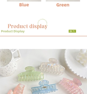 Iridescent pastel hair claw clips set in pearlescent pink, mint green, and sky blue finishes