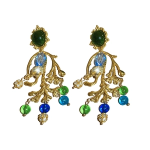 Vintage round branch resin earrings with green gems and blue beads in gold finish