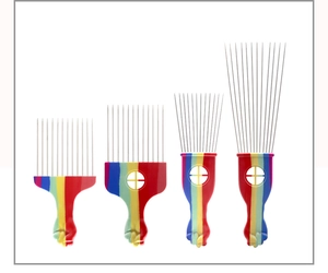 Macro detail of four rainbow metal afro picks with fist-shaped handles in various sizes