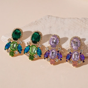 Retro Luxury Geometric Rhinestone Drop Earrings With Silver Earring Post Colorful Zircon Vintage Jewelry For Women