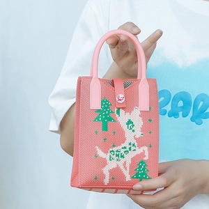 Pink knit sunflower tote bag featuring deer pattern and decorative LOVE button