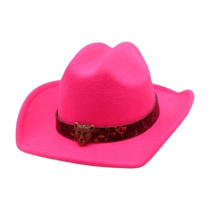 Cappello da cowboy western rosa di qualità con fascia leopardata e fibbia a testa di leopardo